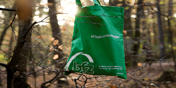 gruene stofftasche im wald bfz tasche im baum hängend